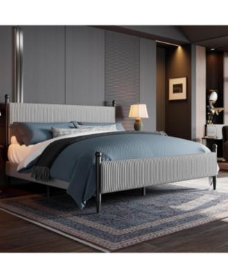 Bed Frame with Velvet Headboard, Upholstered Soft Corduroy Fabric Platform with Wooden Slats Support & Heavy Duty Feet