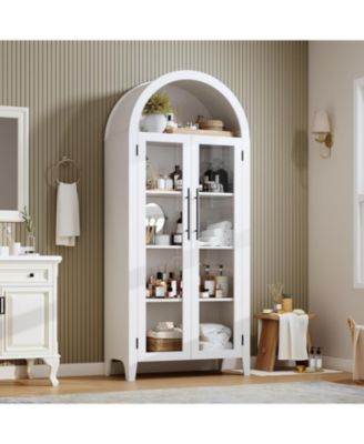 Arched Kitchen Pantry Storage Cabinet - Farmhouse 5 Tier Display Shelf with Adjustable Shelf and 2 Large Glass Doors