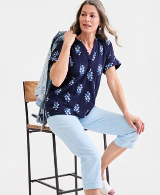 Women's Printed Cotton Gauze Collared Popover Top