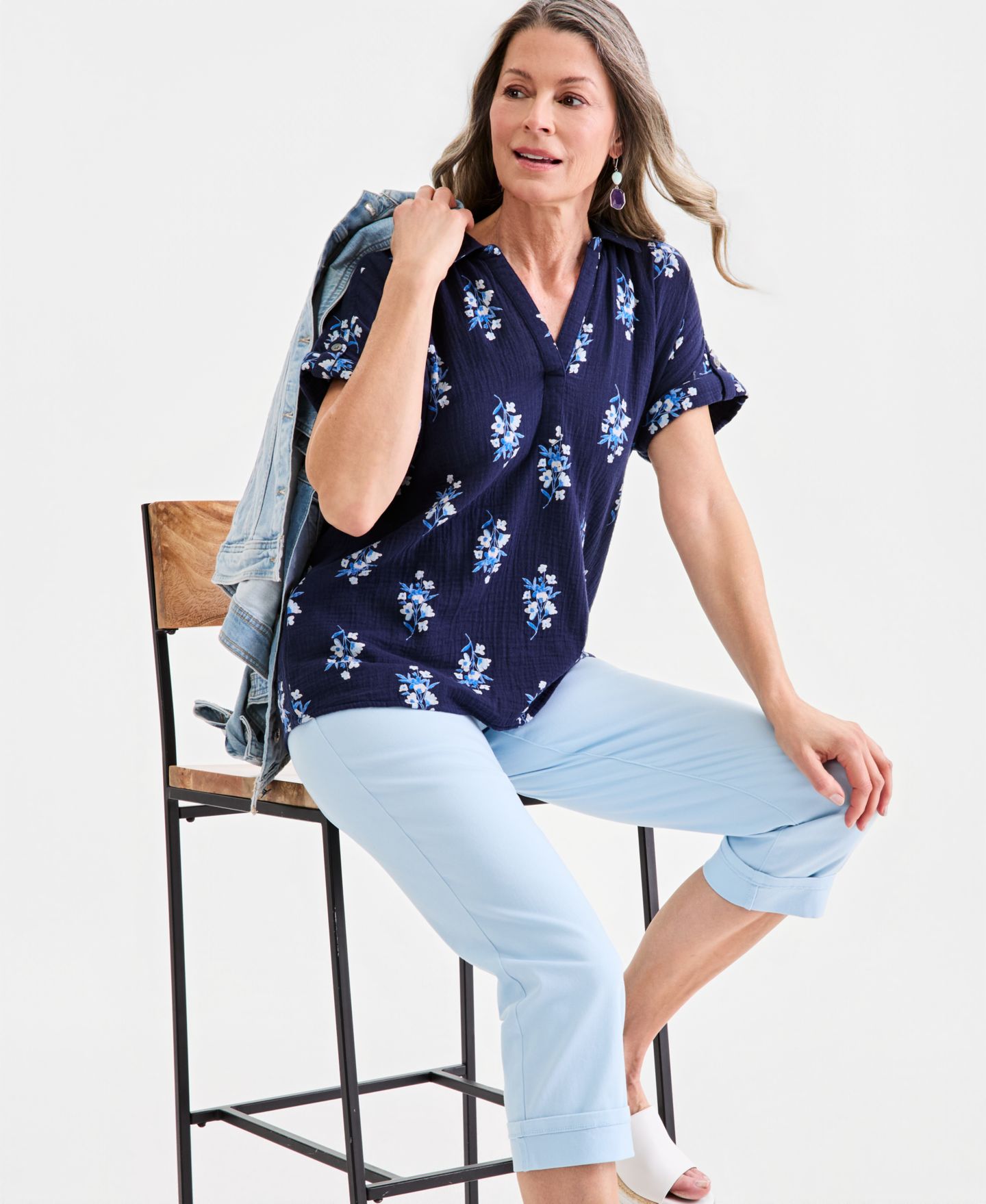 Женский топ Style & Co Cotton Gauze Collared Popover, цвет: Тёмно-синий с принтом — фото 1