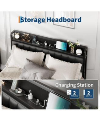 Queen Bed Frame with PU Faux Leather & Charging Station, Upholstered Platform Bed with 12" Underbed Storage & Metal Frame