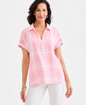 Women's Cotton Gauze Plaid Collared Popover Top