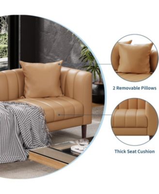 Modern 78" Faux Leather Sofa, Deep Seats, 3-Seater with Pillows & Wood Legs