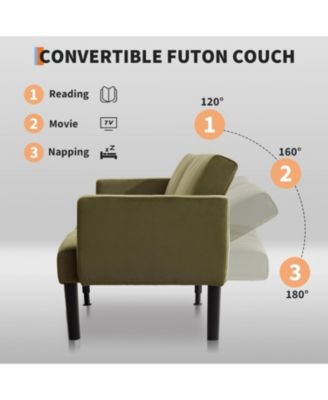 75.5” Convertible Futon Sofa Bed, Linen Flannel Small Couch Sofa with Wood Legs & 700lbs Capacity, Adjustable Folding Loveseat