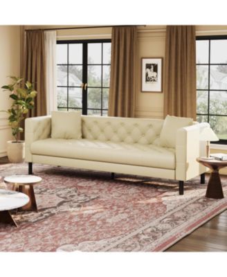 81" Leather Couch, Handmade Button Tufted 3 Seater Sofa, Chesterfield Sofa with Deep Seat and 2 Pillows, Leather Sofa for Living Room Apartment