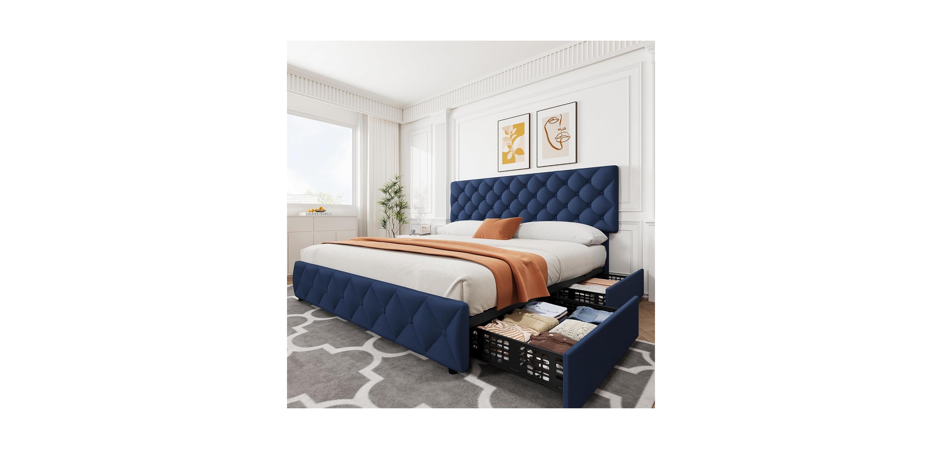gaomon King Size Bed Frame with 4 Storage Drawers and Adjustable Headboard, Linen Upholstered Platform Beds