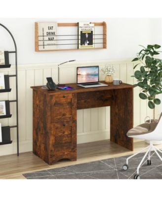 Wood Computer Desk Workstation with 2 Drawers for Home Office