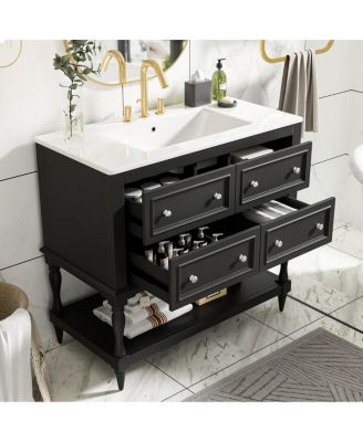 36" Modern Bathroom Vanity with Ceramic Sink, Freestanding Solid Wood Cabinet, 4 Drawers & Storage Shelf