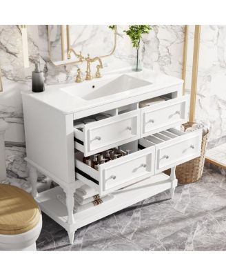 36" Modern Bathroom Vanity with Ceramic Sink, Freestanding Solid Wood Cabinet, 4 Drawers & Storage Shelf