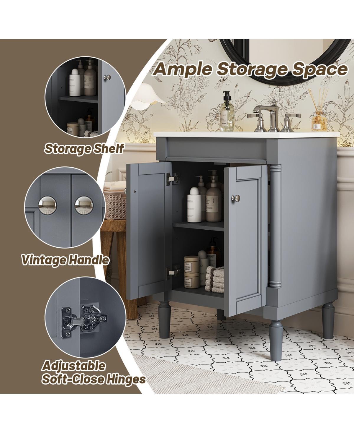 Sillysis 24" Bathroom Vanity with Ceramic Sink, Modern Solid Wood Cabinet & Ample Storage for Small Spaces