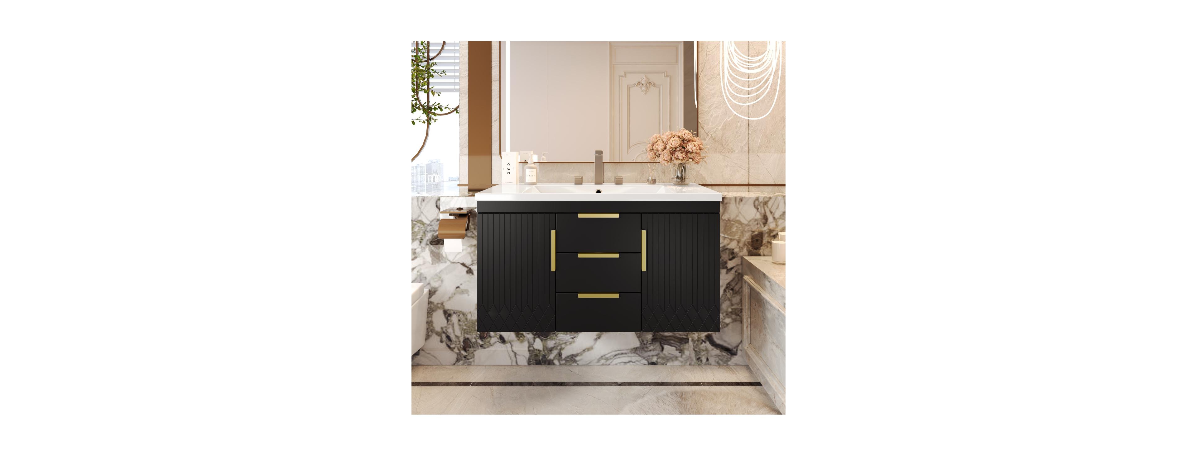 Sillysis 36" Wall Mounted Bathroom Vanity with Resin Sink, Modern Mdf Cabinet, Double Drawers & Storage for Small Bathrooms