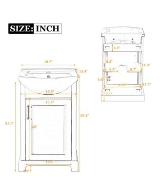 19.7" French Bathroom Vanity with Bulged Ceramic Sink, Soft Close Door Storage Cabinet for Small Spaces