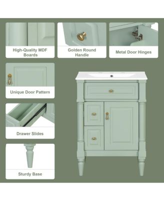 24" Bathroom Vanity with Sink, Solid Wood Cabinet with Flip Drawer and Adjustable Shelf, Freestanding Modern Storage for Small Spaces