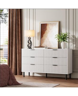Modern Fluted 6 Drawer Dresser with Metal Handles and Legs, Wooden TV Stand for Living Room