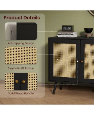 Rattan Storage Cabinet with 3 Doors, Boho Sideboard Buffet Cabinet Wood Farmhouse Credenza Cabinet