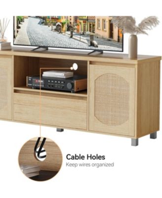 Rattan TV Stand for 70 Inch TV, Boho TV Entertainment Center, Wooden TV Console with Drawer and 2 Cabinets, Media Console Cabinet