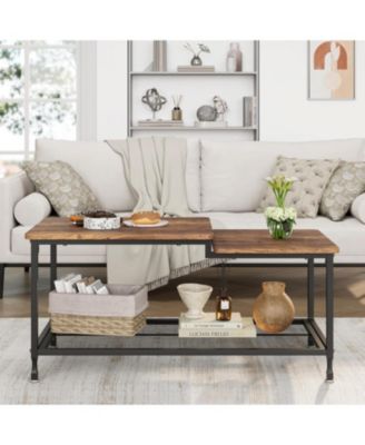 Coffee Table Industrial Living Room Table 2-Tier Rustic Center Table with Mesh Shelf Rectangle Storage Cocktail Table Metal Frame