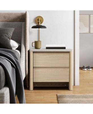 19.7" Snowy Oak Nightstand with Drawers, Modern Bedside Table with Faux Travertine Top