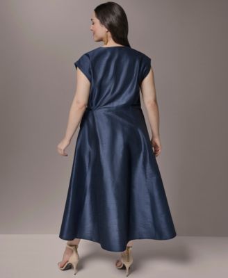 Plus Size Shantung Fit And Flare V-Neck Wrap Dress