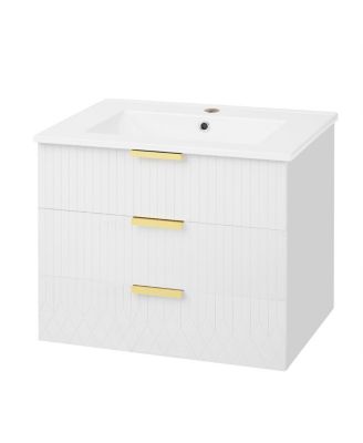 24"Wall Mounted Bathroom Vanity with Ceramic Sink & Double Drawers, Stripe Design for Small Bathrooms