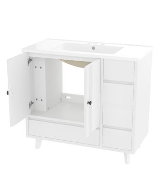 36" Bathroom Vanity with Sink, Solid Wood Cabinet, 4 Drawers and Side Storage for Small Bathrooms