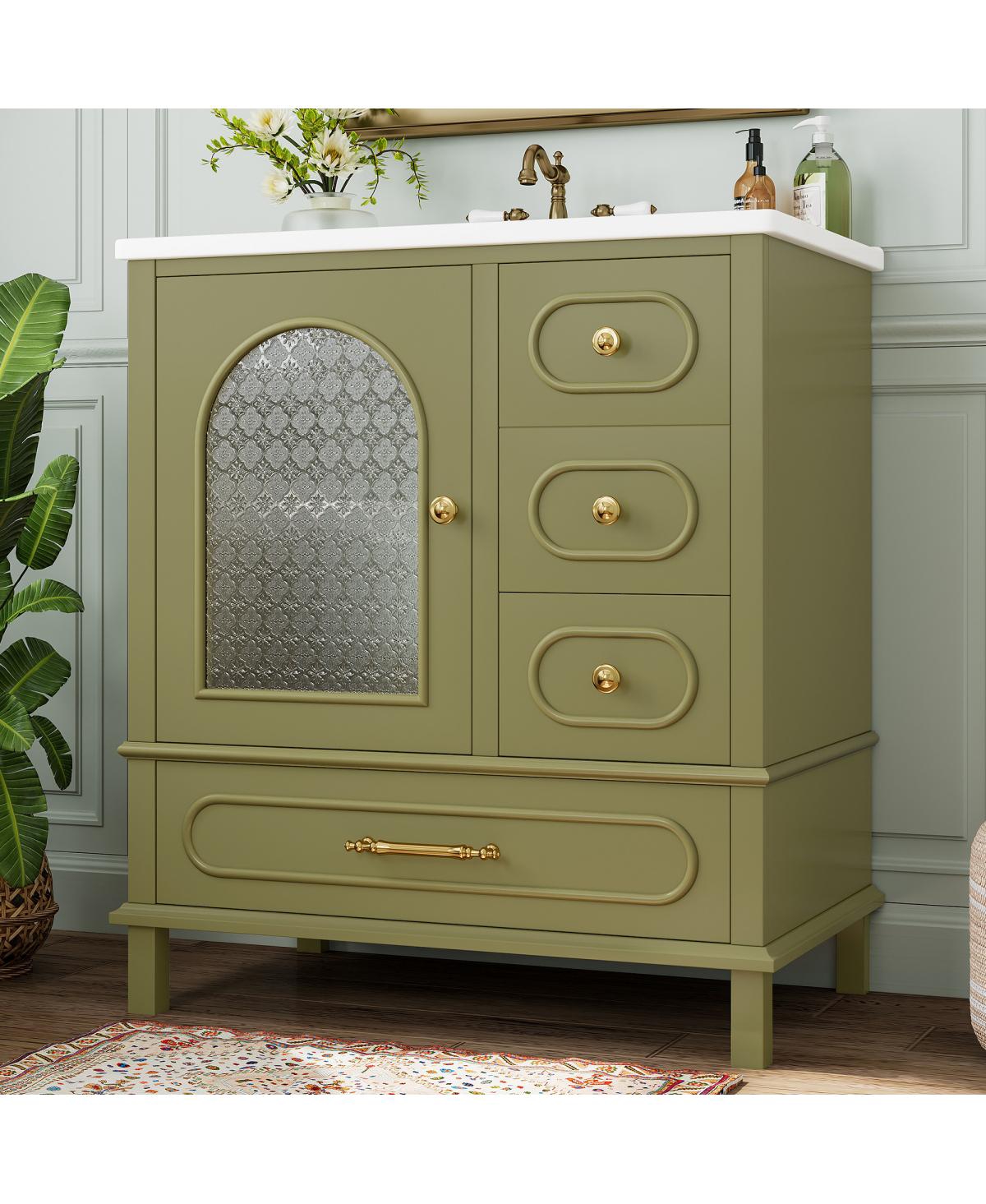 Sillysis 30" Freestanding Bathroom Vanity with Sink, Solid Wood Bathroom Cabinet with Arched Door for Small Bathrooms