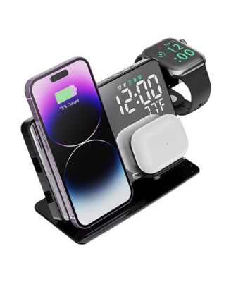 6-in-1 Wireless Charging Station with Clock, Alarm & Temp Display, 15W Fast Charging for iPhone, Apple Watch & AirPods