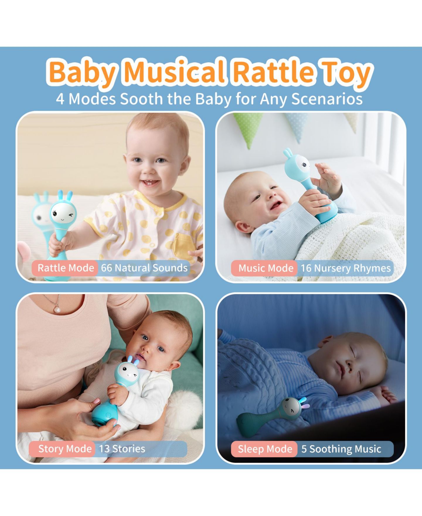 Детская игрушка Alilo Smarty Bunny Musical Light-Up Silicone Baby Rattle, Ages 0+, цвет: Синий — фото 2