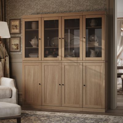 100% Solid European Oak Tall China Display Cabinet with Shaker and Tinted Glass Doors, Modular Design