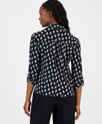 Petite Printed Collared 3/4-Sleeve Top