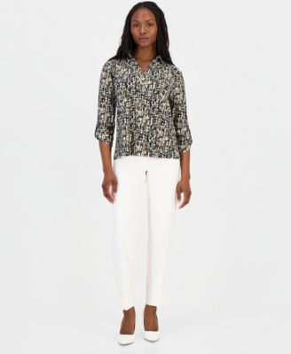 Petite Printed Collared 3/4-Sleeve Top