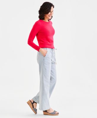 Women's Striped High-Rise Pull-On Wide-Leg Jeans