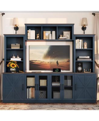 Wall Unit Entertainment Center with Charging Station & USB, Blue