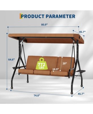 3 Seat Outdoor Porch Swing, 2-in-1 Patio Swing Chair with Thickened Removable Cushions, Adjustable Canopy   Cup Holders