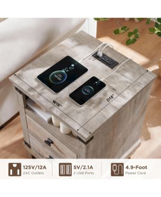 Rustic Nightstand with Charging Station & Storage