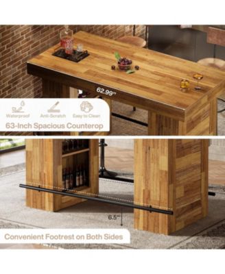 63-Inch Bar Table with Storage Shelves, Counter Height Pub Table with Metal Footrest, Rectangular High Top Home Bar Units