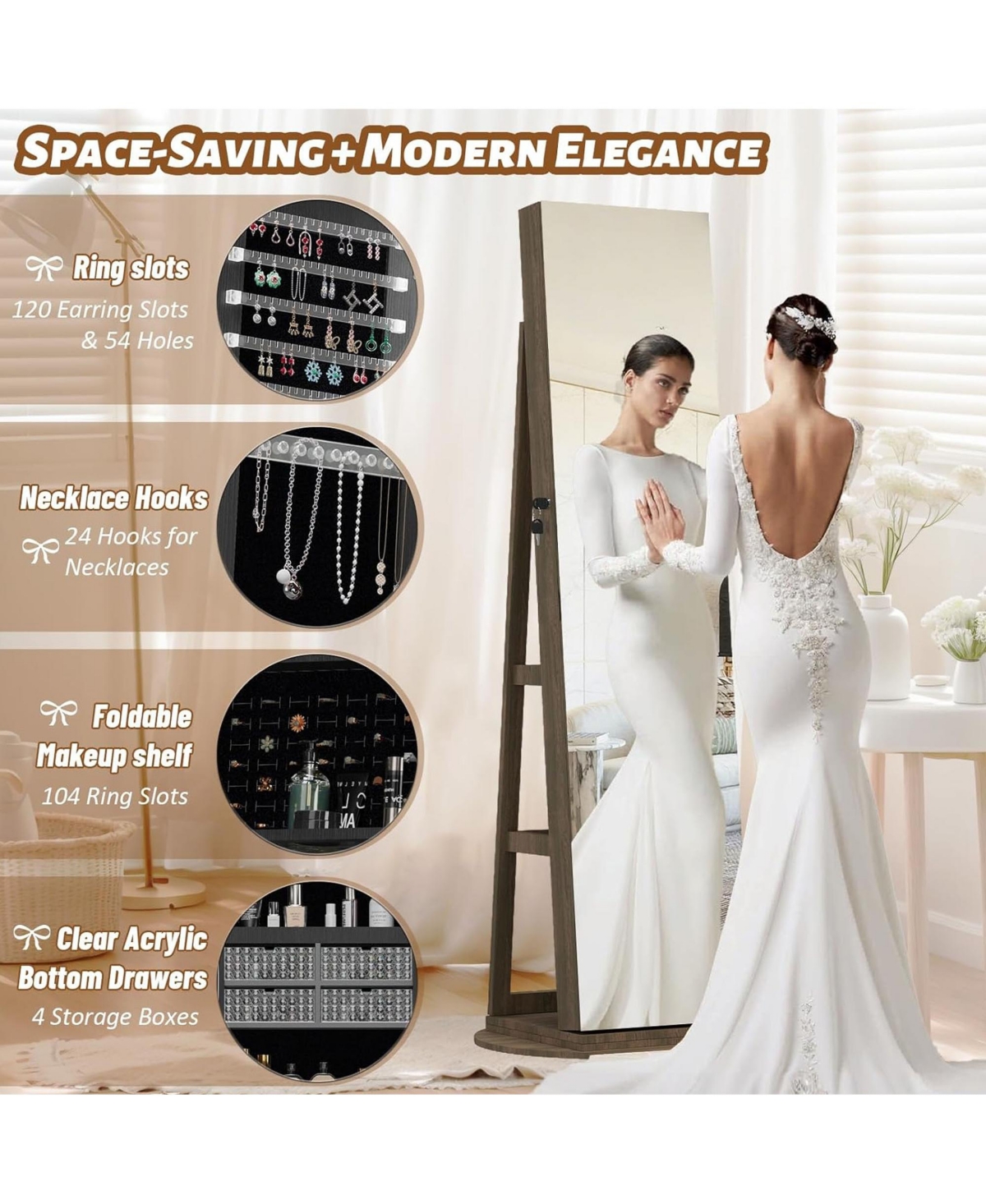 Rainsken 360°Swivel Jewelry Cabinet, Standing Jewelry Armoire Organizer, Lockable Storage Cabinet with Full Length Mirror