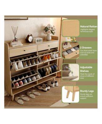 Oak Slim Freestanding Shoe Cabinet - 4 Rattan Flip Drawers + 2 Drawers Solid Wood Legs Organizer