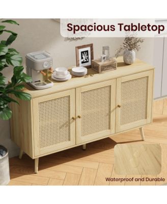 Rattan Storage Cabinet with 3 Doors, Boho Sideboard Buffet Cabinet Wood Farmhouse Credenza Cabinet