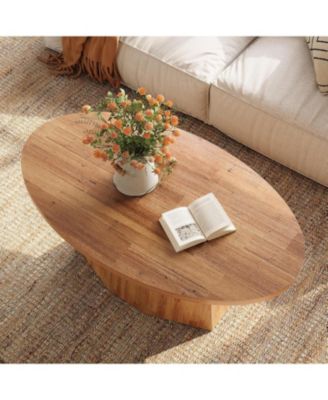 Oval Coffee Table, 47-Inch Living Room Table with Polygonal Pedestal, Modern Center Accent Furniture, Child-Friendly