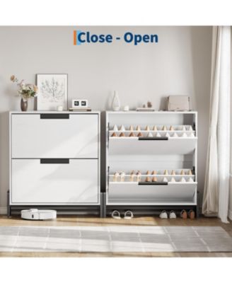 2 Flip Drawers Entryway Rack with Metal Legs Freestanding Narrow Shoe Cabinet
