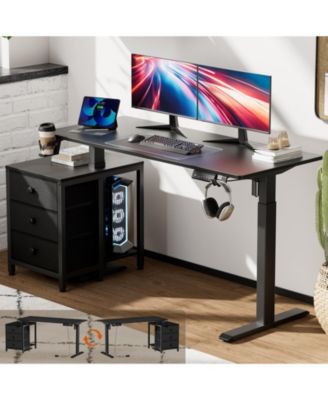 55x24" Sit-Stand Desk Height Adjustable Computer Desk with 2 Hooks, Storage Drawers, Printer Cabinet