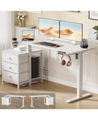 HOMLUX 55x24" Sit-Stand Desk Height Adjustable Computer Desk with 2 Hooks, Storage Drawers, Printer Cabinet