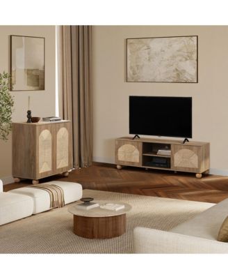 2-Door Natural Oak Finish Manufactured Wood Cabinet, Pine Round Ball Legs