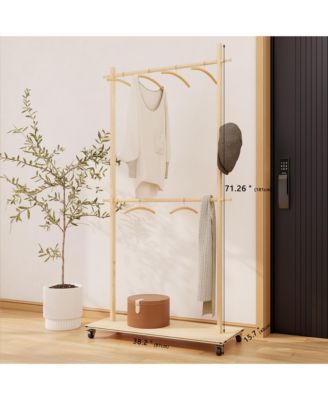RAINSKEN Solid Wood Garment Rack, Modern Space-Saving Coat Tree, Clothes Drying Rack with 6 Hangers and Bottom Shelf for Entryway, Living Room