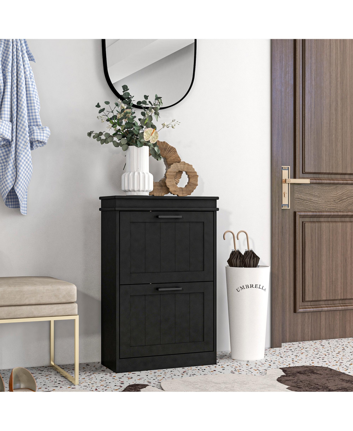 Rainsken 2-Drawer Wood Adjustable Flip-Front Shoe Cabinet