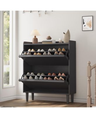 Entryway Wooden Shoe Cabinet, 2 Flip Drawers + Adjustable Shelf Organizer