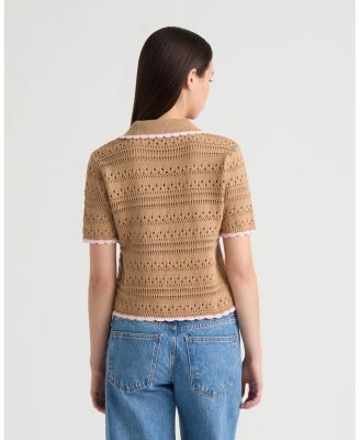 Women's Button Front Crochet Sweater with Contrast Edge