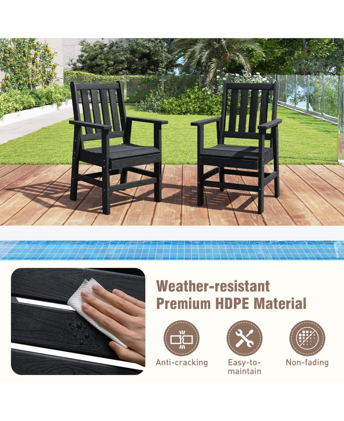 Gymax Patio Dining Chairs Set of 2 w/Wide Armrests Curved Seat Wood Grain for Backyard