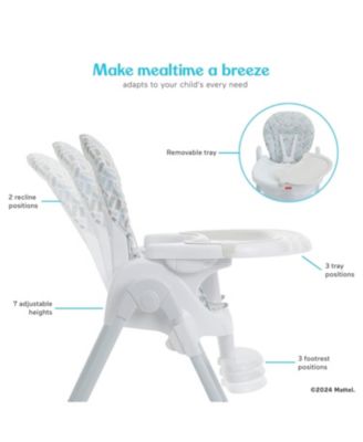 Baby Fisher Price Tiny Bites highchair one-click fold, 7 heights, 2 reclines, removable dishwasher-safe tray, lightweight and space-saving.